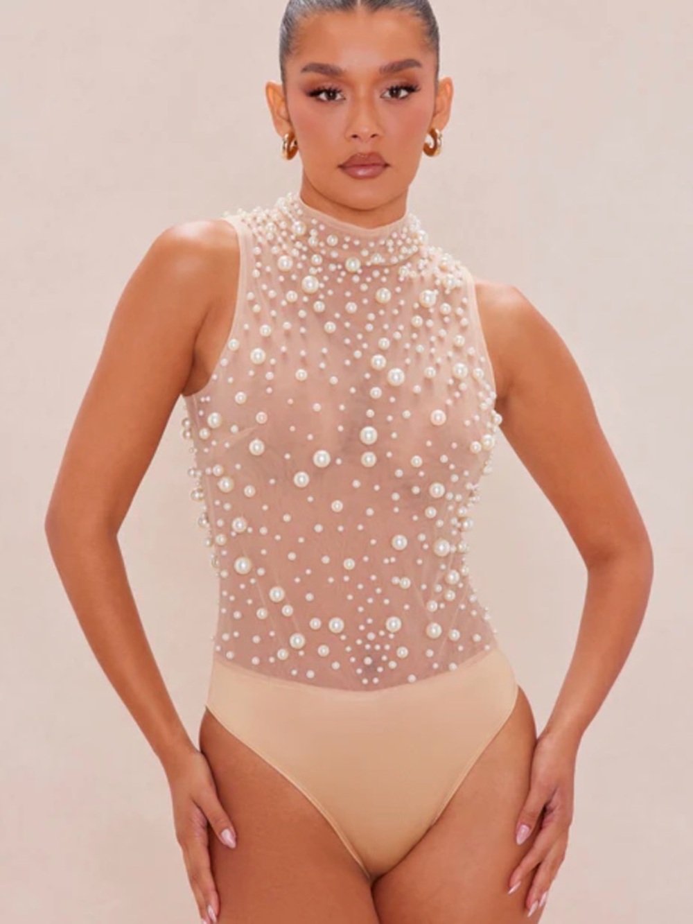 Nova Luxe Nude Pearl-Appliqué Sheer Sleeveless Bodysuit